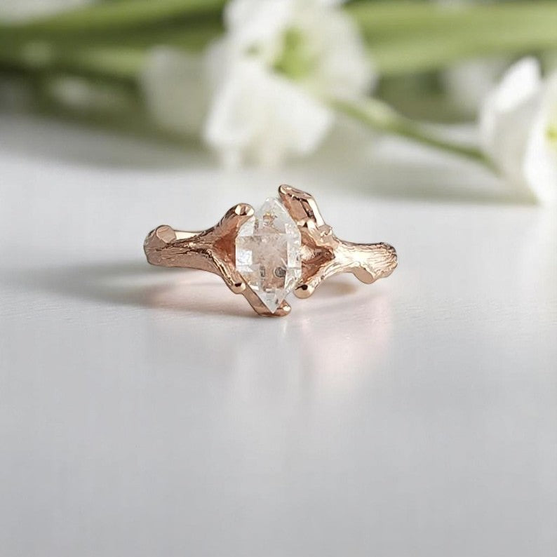 Herkimer Crystal Engagement Ring - 14k Solid Gold Twig Setting