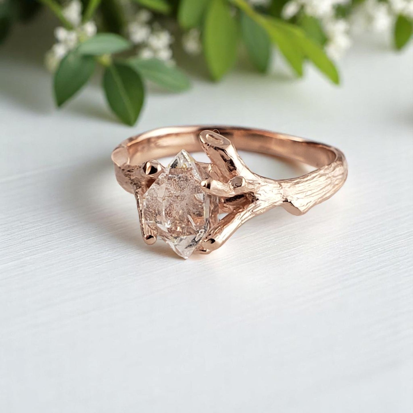 Herkimer Crystal Engagement Ring - 14k Solid Gold Twig Setting