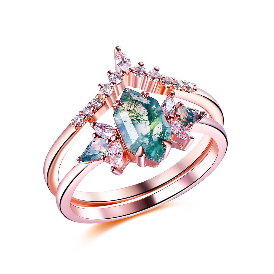 Hexagon Moss Agate & Leaf Accent Ring Set in 14k Rose Gold | Silver