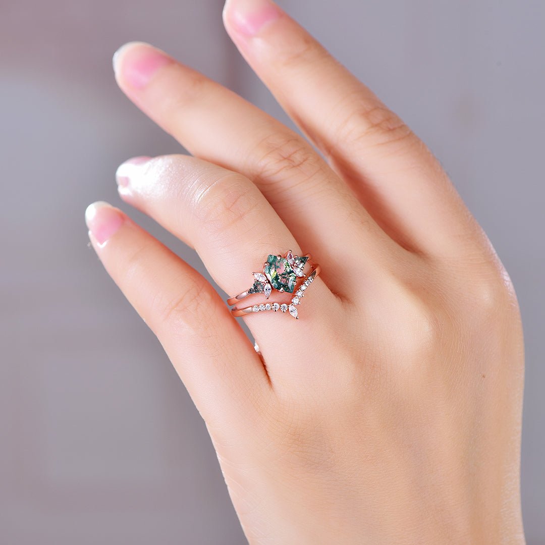 Hexagon Moss Agate & Leaf Accent Ring Set in 14k Rose Gold | Silver