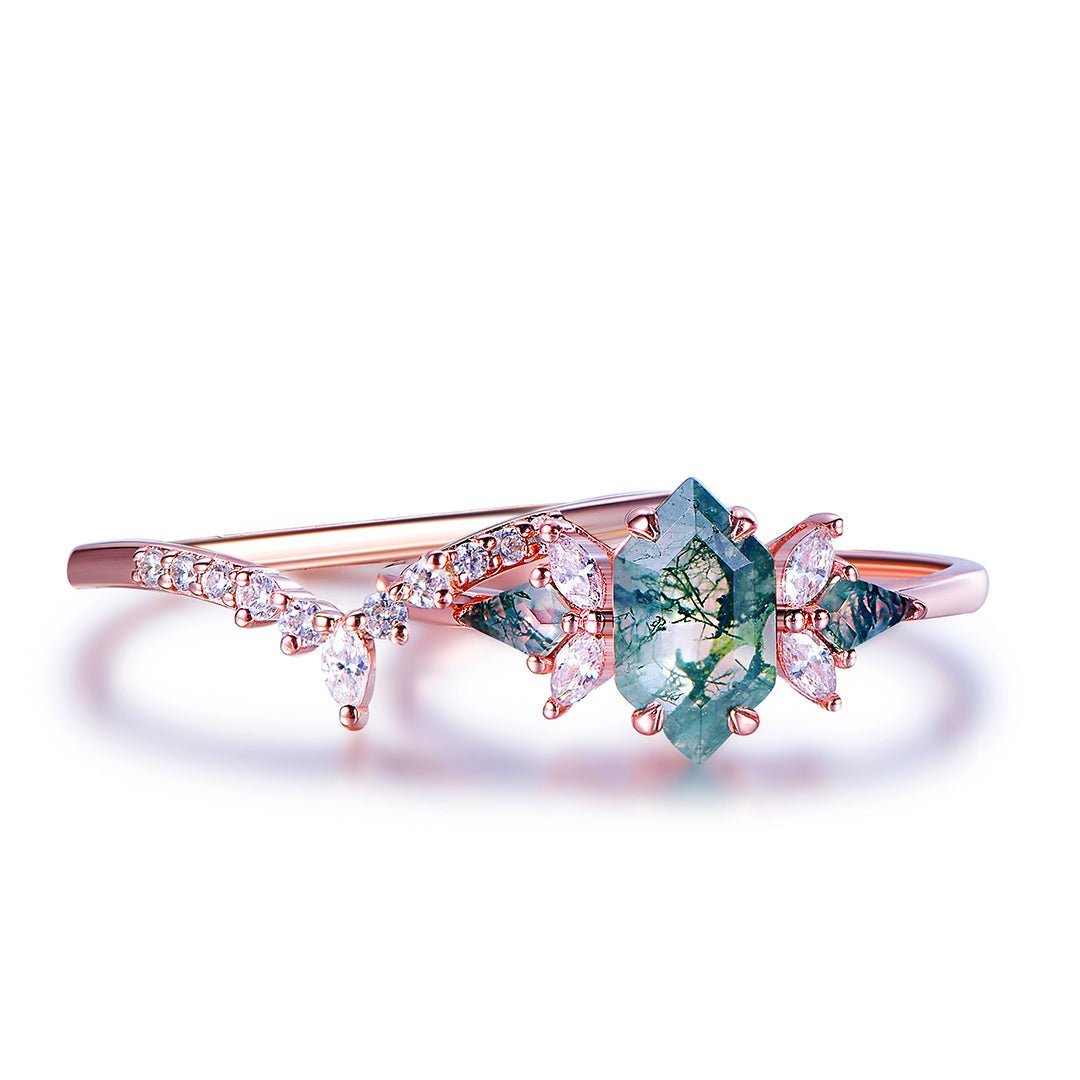 Hexagon Moss Agate & Leaf Accent Ring Set in 14k Rose Gold | Silver