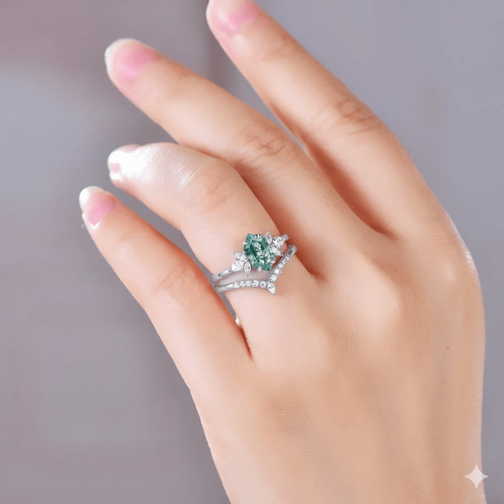 Hexagon Moss Agate & Leaf Accent Ring Set in 14k Rose Gold | Silver
