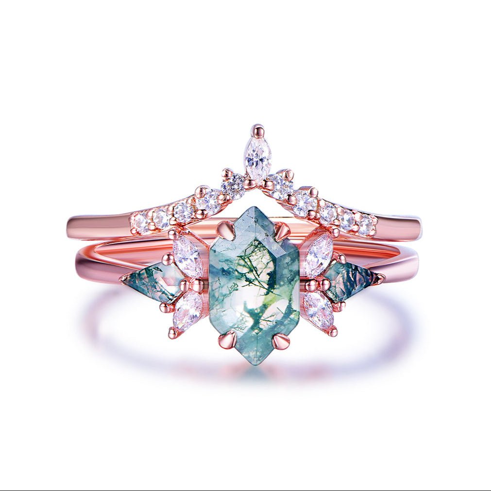 Hexagon Moss Agate & Leaf Accent Ring Set in 14k Rose Gold | Silver