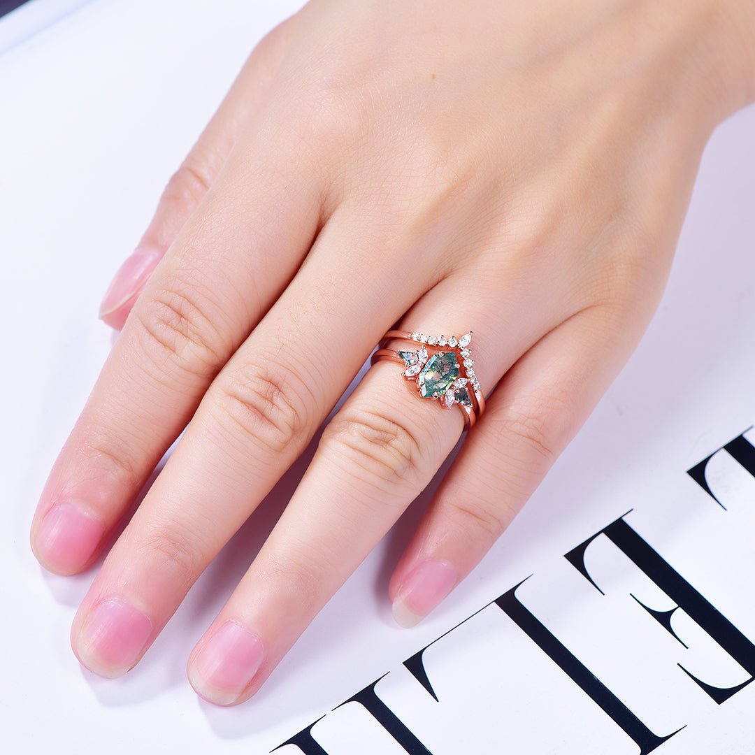 Hexagon Moss Agate & Leaf Accent Ring Set in 14k Rose Gold | Silver