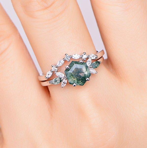 Reserved for Matthew - Hexagon Natural Moss Agate Marquise Moissanite Bridal Set 14K Yellow Gold