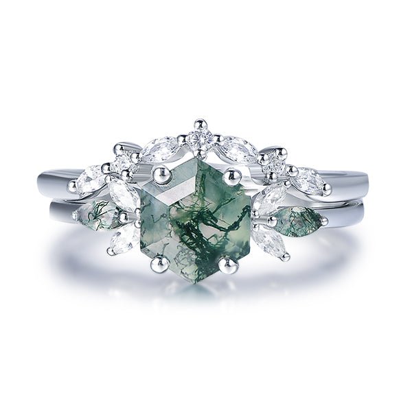 Reserved for Matthew - Hexagon Natural Moss Agate Marquise Moissanite Bridal Set 14K Yellow Gold