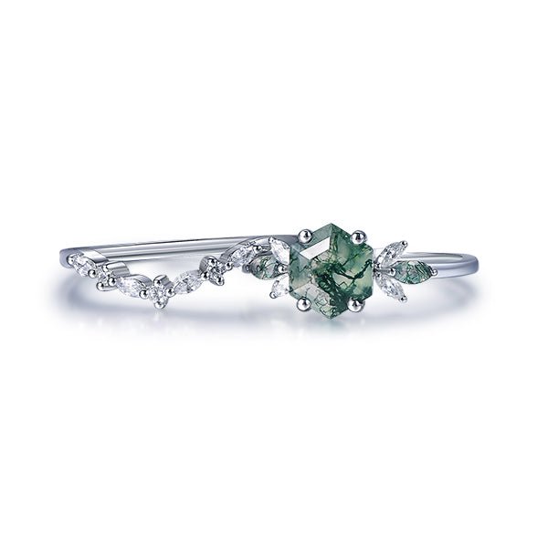 Reserved for Matthew - Hexagon Natural Moss Agate Marquise Moissanite Bridal Set 14K Yellow Gold