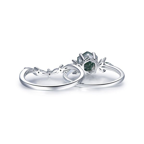 Reserved for Matthew - Hexagon Natural Moss Agate Marquise Moissanite Bridal Set 14K Yellow Gold