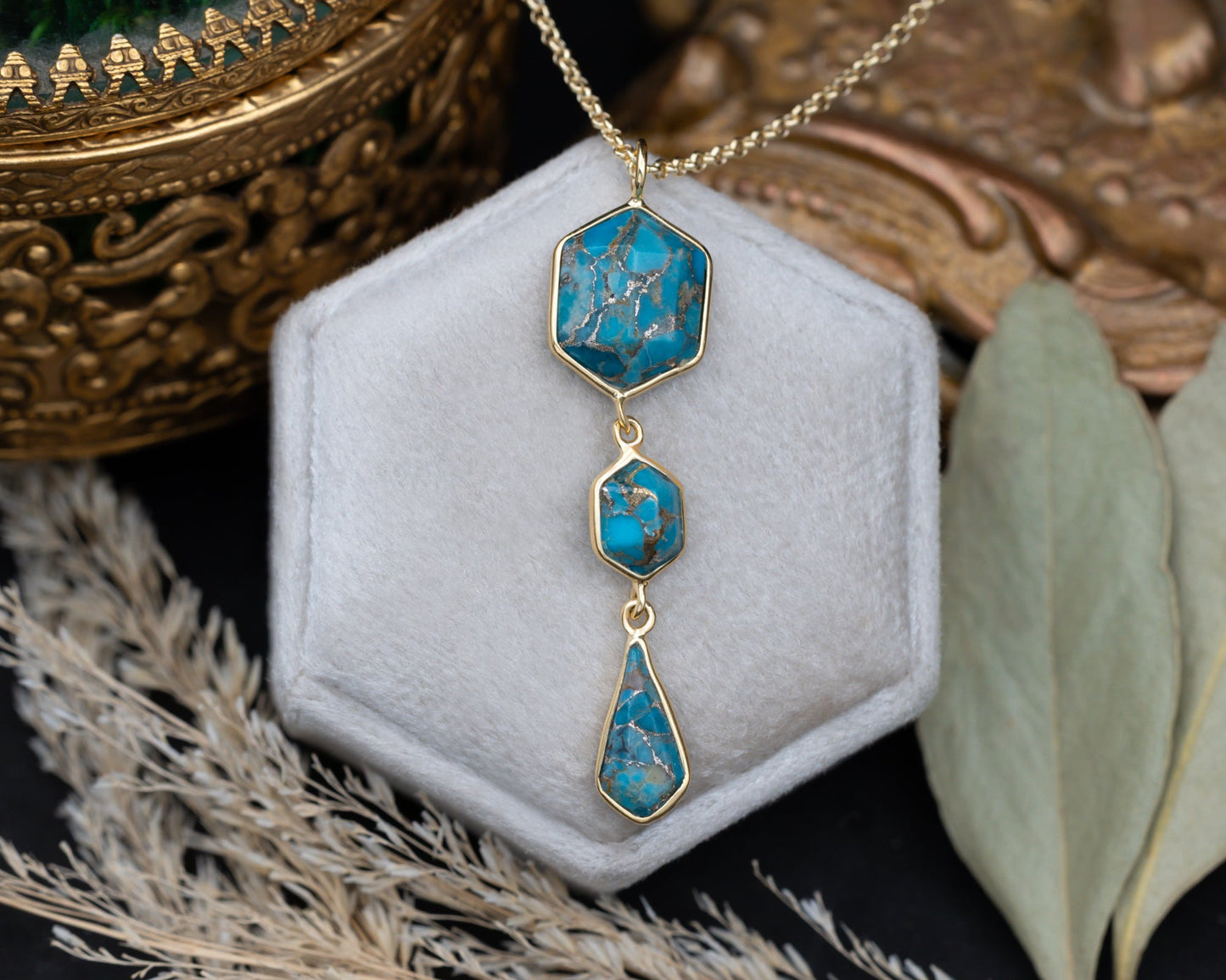 Geo Collection - 18K Gold Vermeil Triple Dangle Pendant With Geometric Turquoise - By Jorge Revilla
