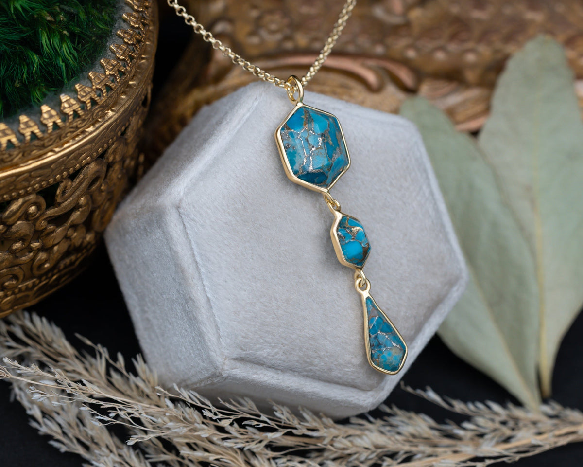 Geo Collection - 18K Gold Vermeil Triple Dangle Pendant With Geometric Turquoise - By Jorge Revilla