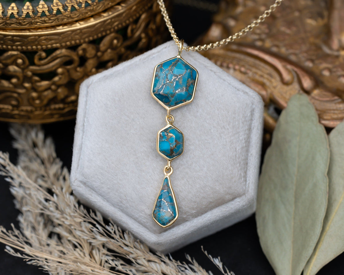 Geo Collection - 18K Gold Vermeil Triple Dangle Pendant With Geometric Turquoise - By Jorge Revilla