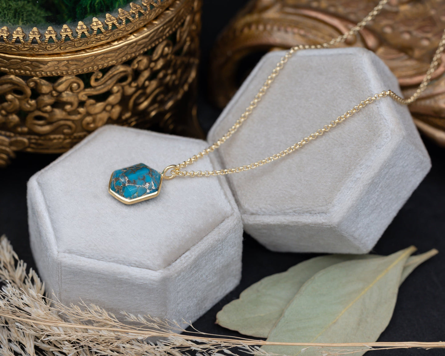 Geo Collection - 18K Gold Vermeil Pendant With A Hexagon Cut Turquoise - By Jorge Revilla