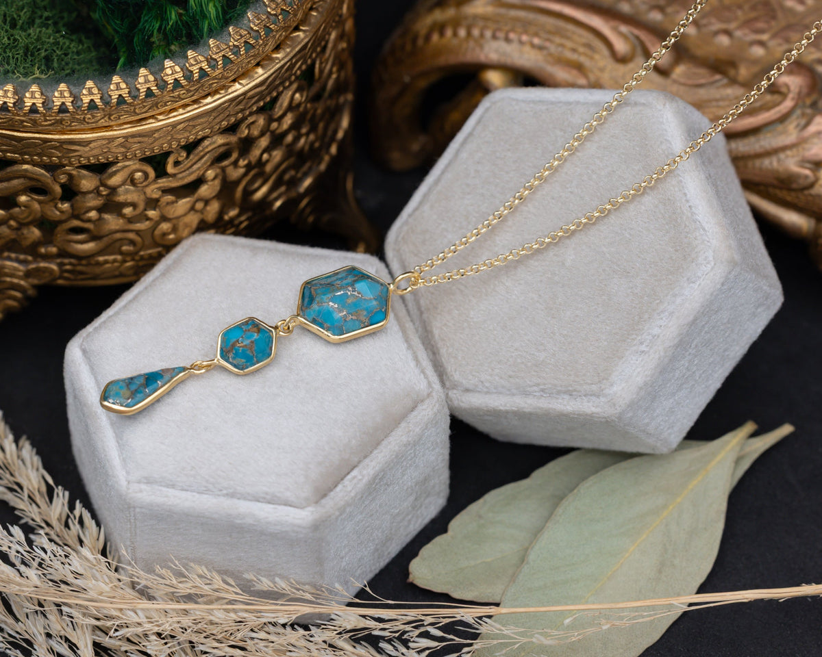 Geo Collection - 18K Gold Vermeil Triple Dangle Pendant With Geometric Turquoise - By Jorge Revilla