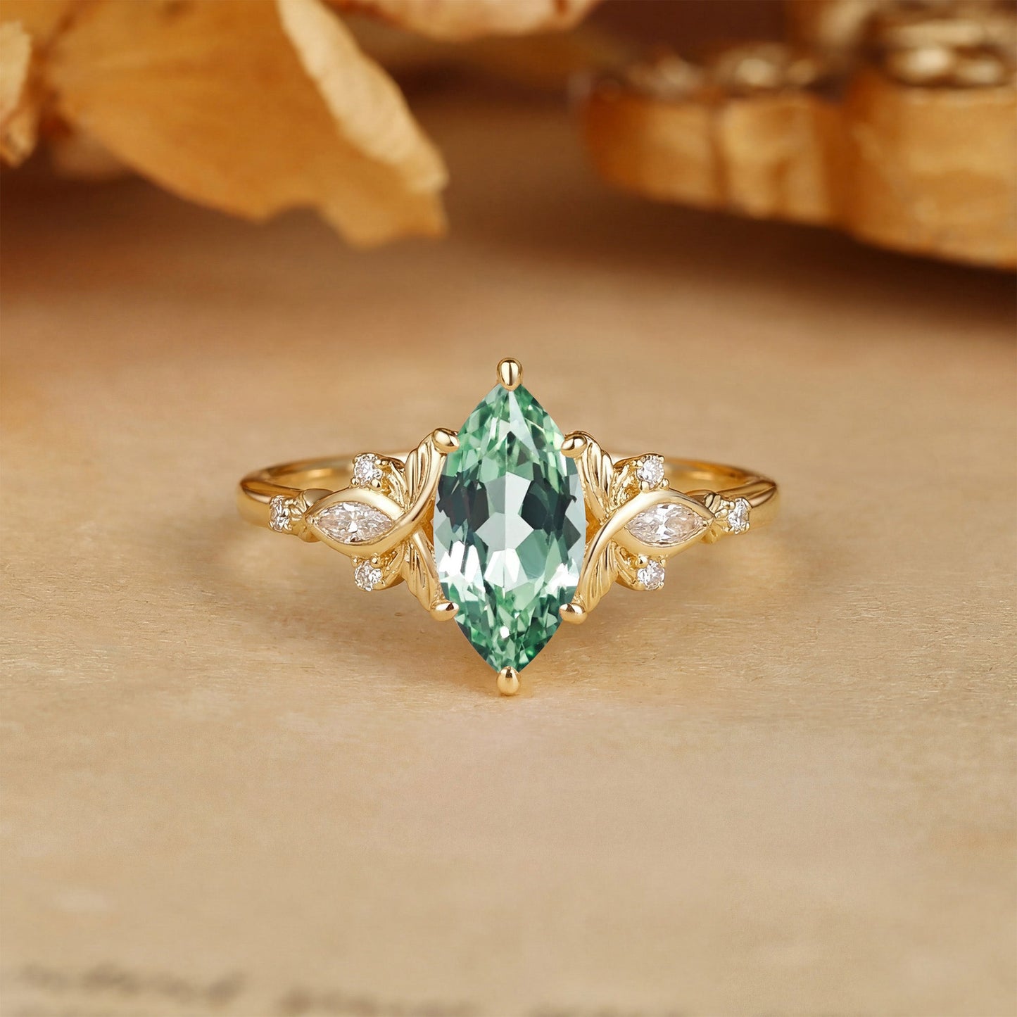 Forest Fairy Marquise Cut Green Sapphire Leafy Engagement Ring - Letitia