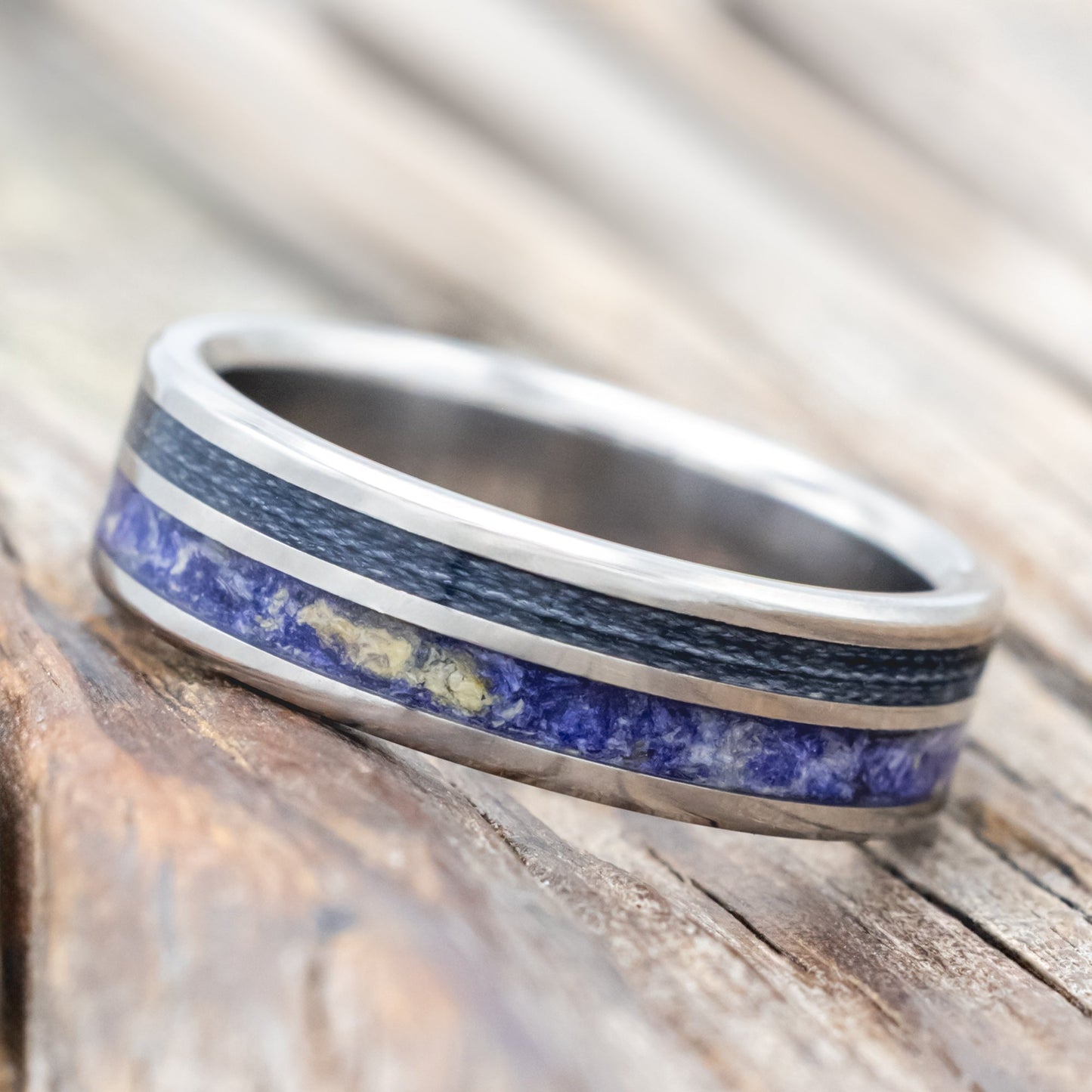 "Raptor" - Bluebell Petals & Grey Fishing Line Inlay Wedding Ring - Titanium (6mm) - Size 8