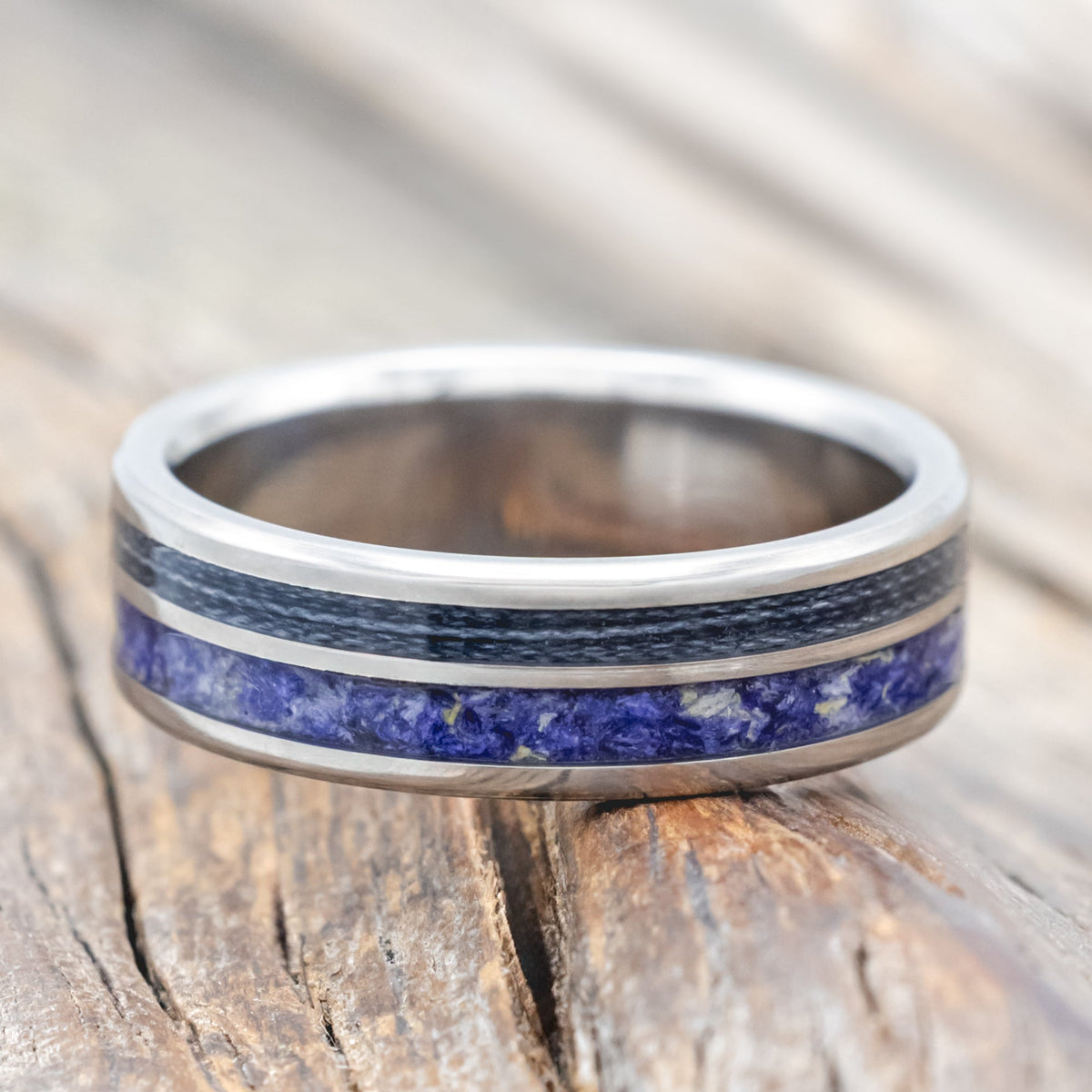 "Raptor" - Bluebell Petals & Grey Fishing Line Inlay Wedding Ring - Titanium (6mm) - Size 8
