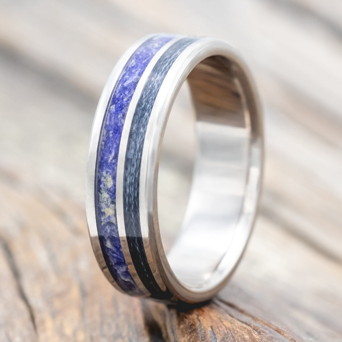 "Raptor" - Bluebell Petals & Grey Fishing Line Inlay Wedding Ring - Titanium (6mm) - Size 8