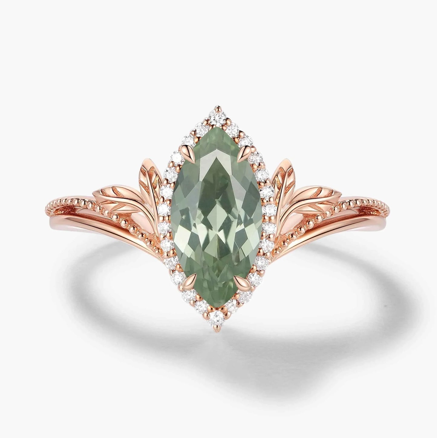 Nature-Inspired Marquise Green Sapphire Engagement Ring with Milgrain Halo