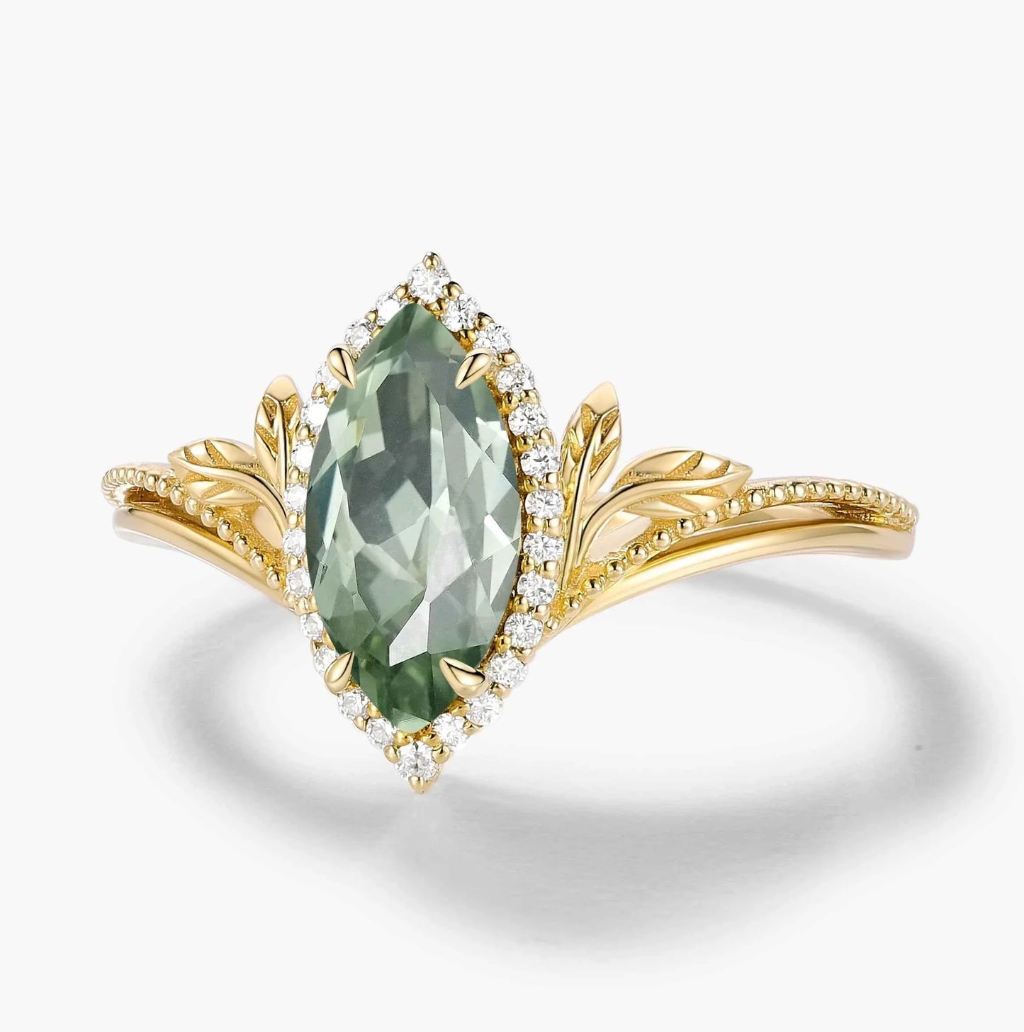 Nature-Inspired Marquise Green Sapphire Engagement Ring with Milgrain Halo