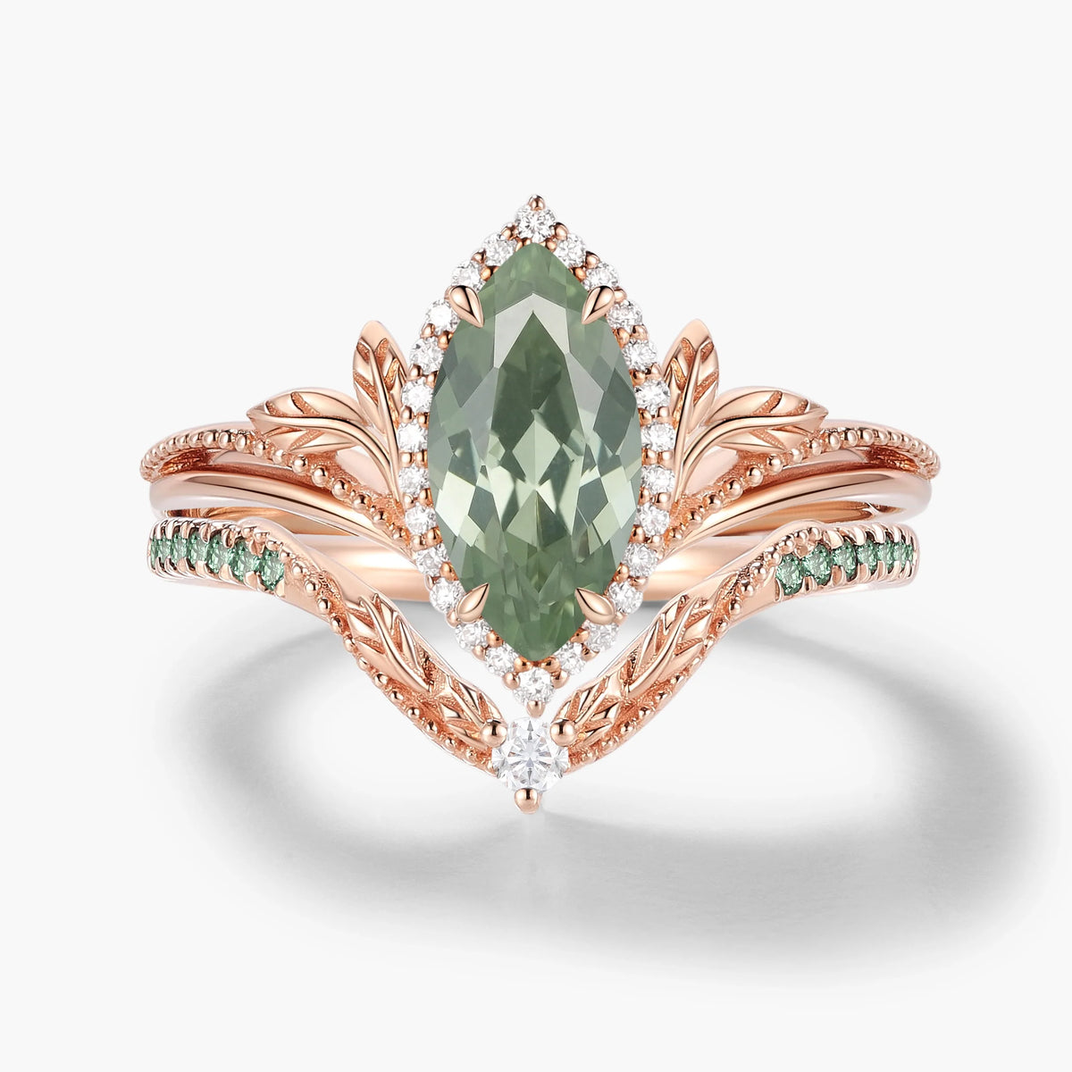 Marquise Green Sapphire Milgrain Halo Engagement Ring  & Wedding Band 2PCS