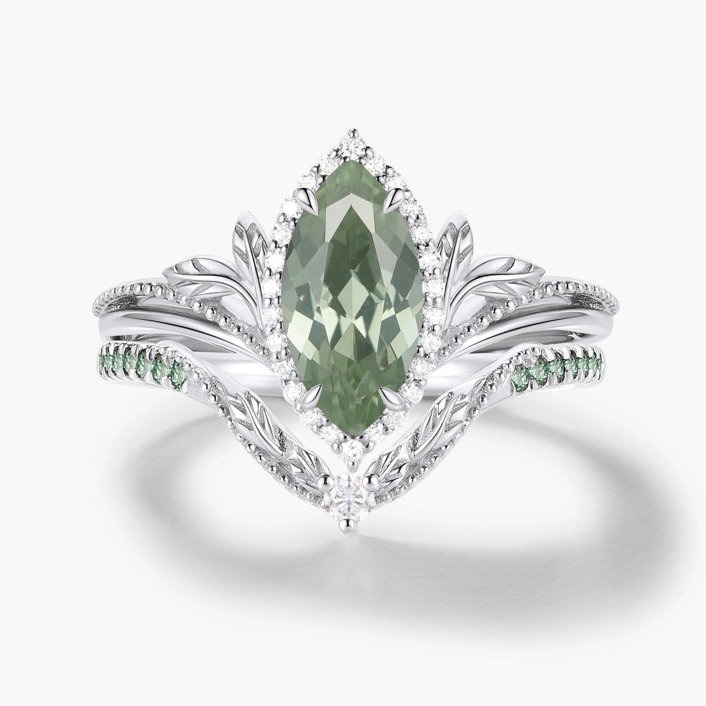 Marquise Green Sapphire Milgrain Halo Engagement Ring  & Wedding Band 2PCS