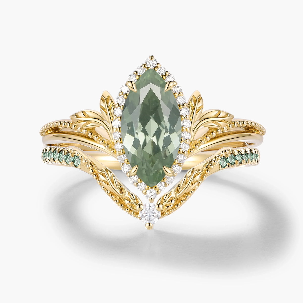 Marquise Green Sapphire Milgrain Halo Engagement Ring  & Wedding Band 2PCS