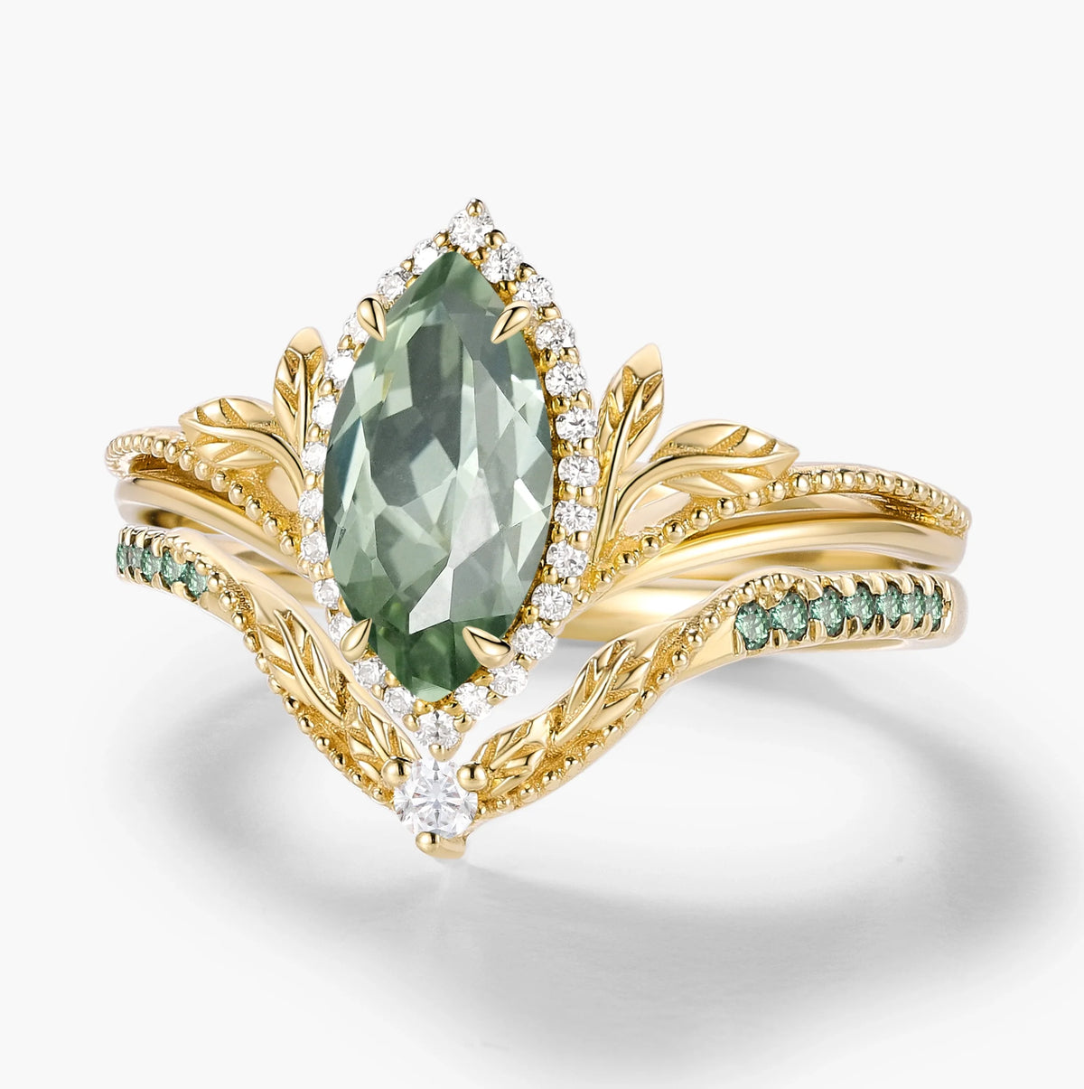 Marquise Green Sapphire Milgrain Halo Engagement Ring  & Wedding Band 2PCS