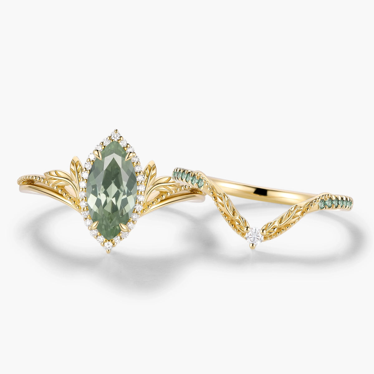 Marquise Green Sapphire Milgrain Halo Engagement Ring  & Wedding Band 2PCS