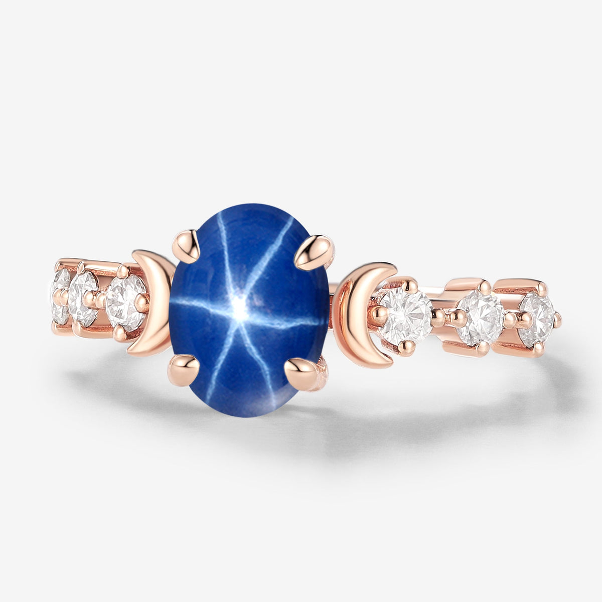 Moon-Inspired Oval Cut Lindy Star Sapphire Engagement Ring with Moissanite Accents
