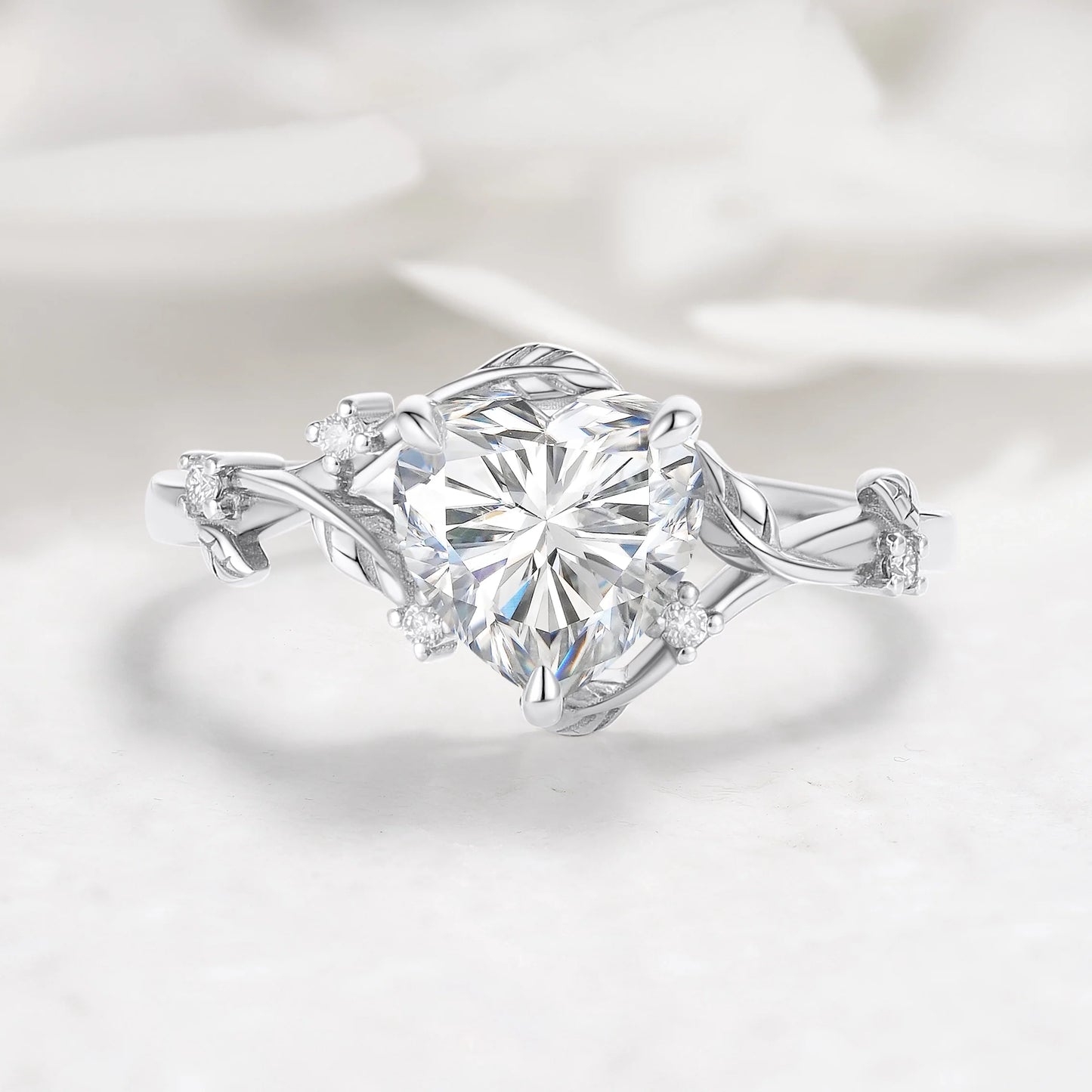 Nature Inspired Heart Cut Moissanite Leaf Engagement Ring