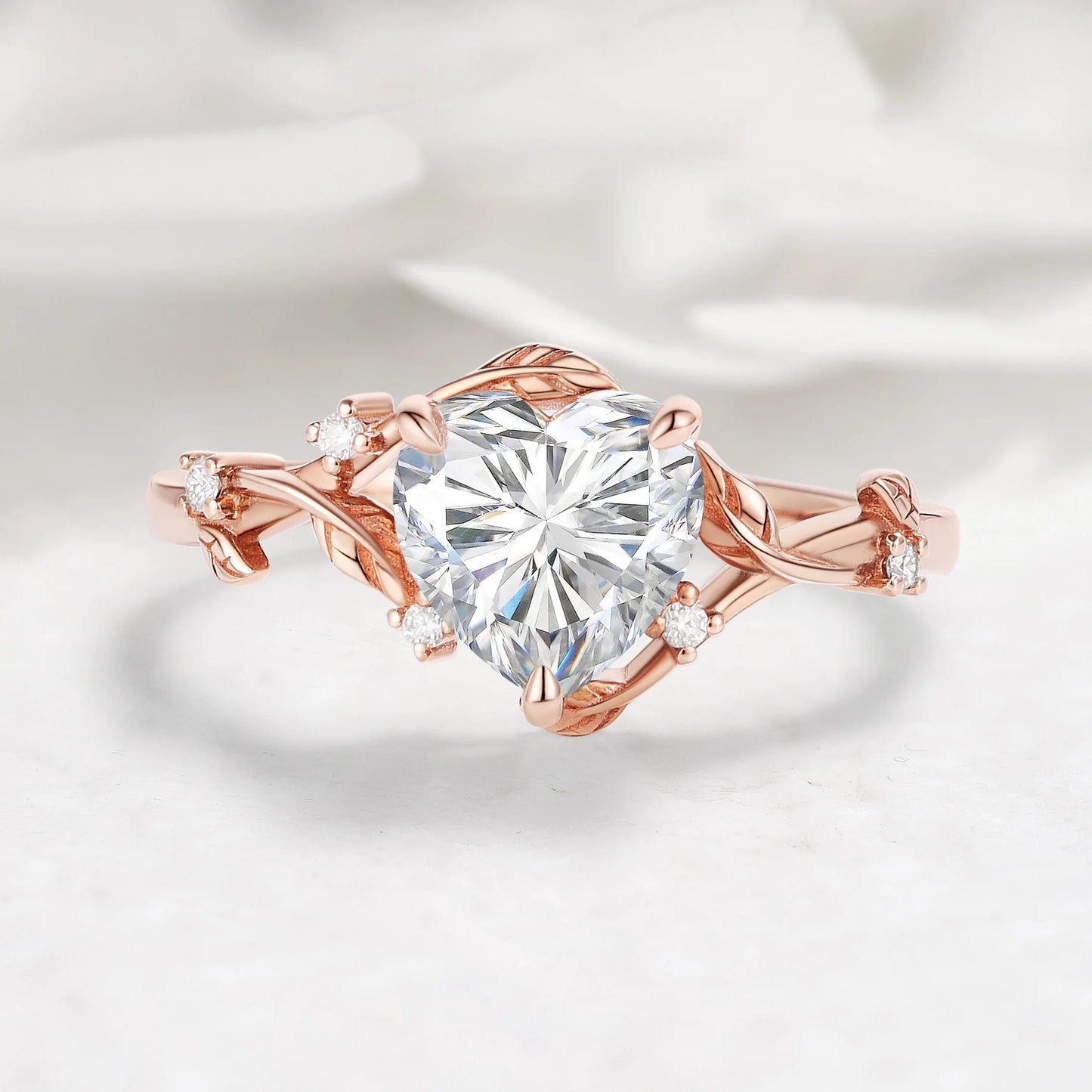 Nature Inspired Heart Cut Moissanite Leaf Engagement Ring
