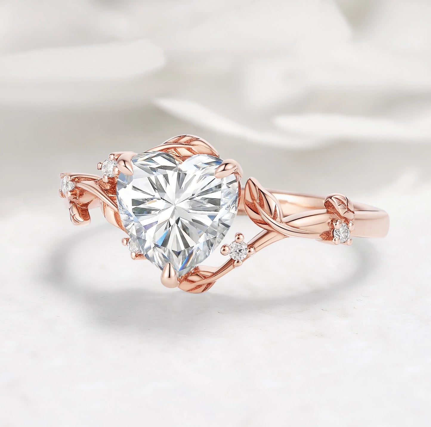 Nature Inspired Heart Cut Moissanite Leaf Engagement Ring