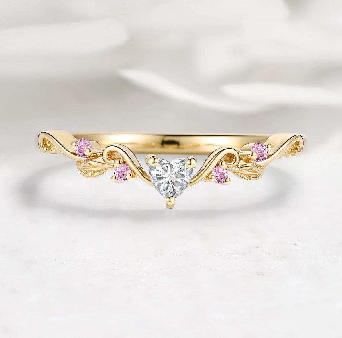 Nature Inspired Heart & Leaf Natural Pink Sapphire Moissanite Curved Wedding Band - Amelia