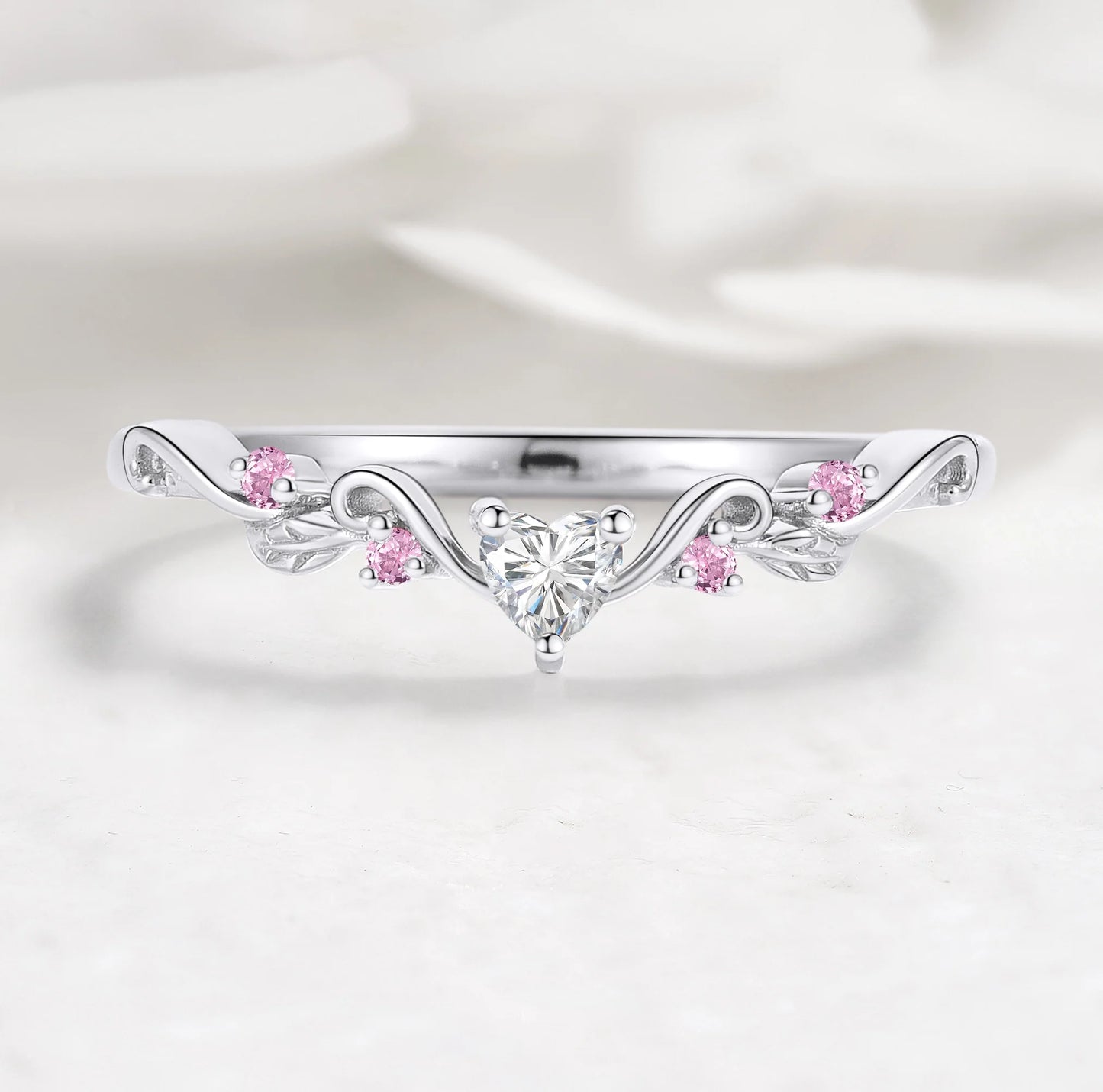 Nature Inspired Heart & Leaf Natural Pink Sapphire Moissanite Curved Wedding Band - Amelia