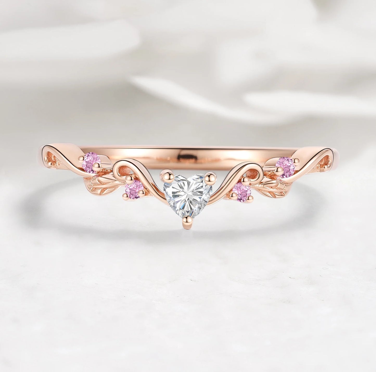 Nature Inspired Heart & Leaf Natural Pink Sapphire Moissanite Curved Wedding Band - Amelia