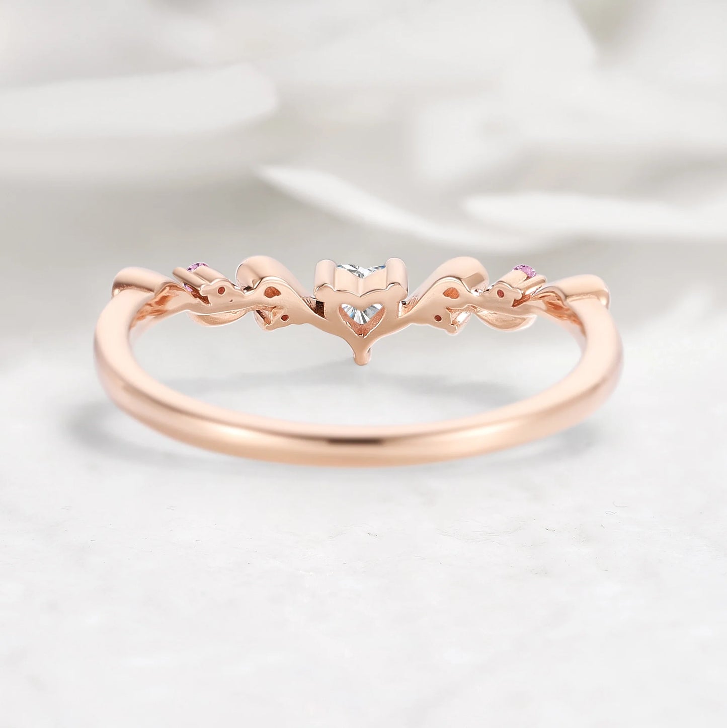 Nature Inspired Heart & Leaf Natural Pink Sapphire Moissanite Curved Wedding Band - Amelia