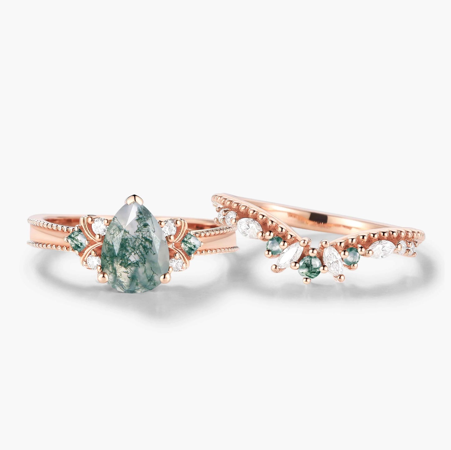 Vintage Beaded Pear Cut Moss Agate Engagement Ring Bridal Set