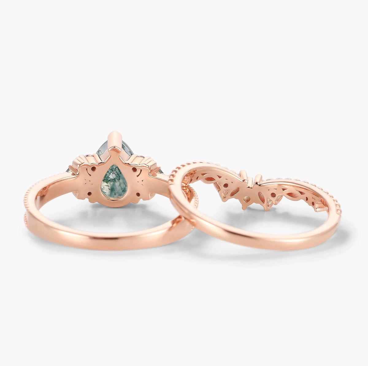 Vintage Beaded Pear Cut Moss Agate Engagement Ring Bridal Set