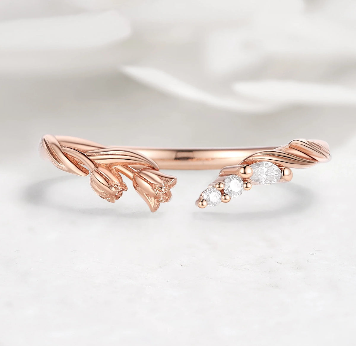 Nature Inspired Tulip Bouquet Moissanite V-Shaped Open Wedding Band - Lila