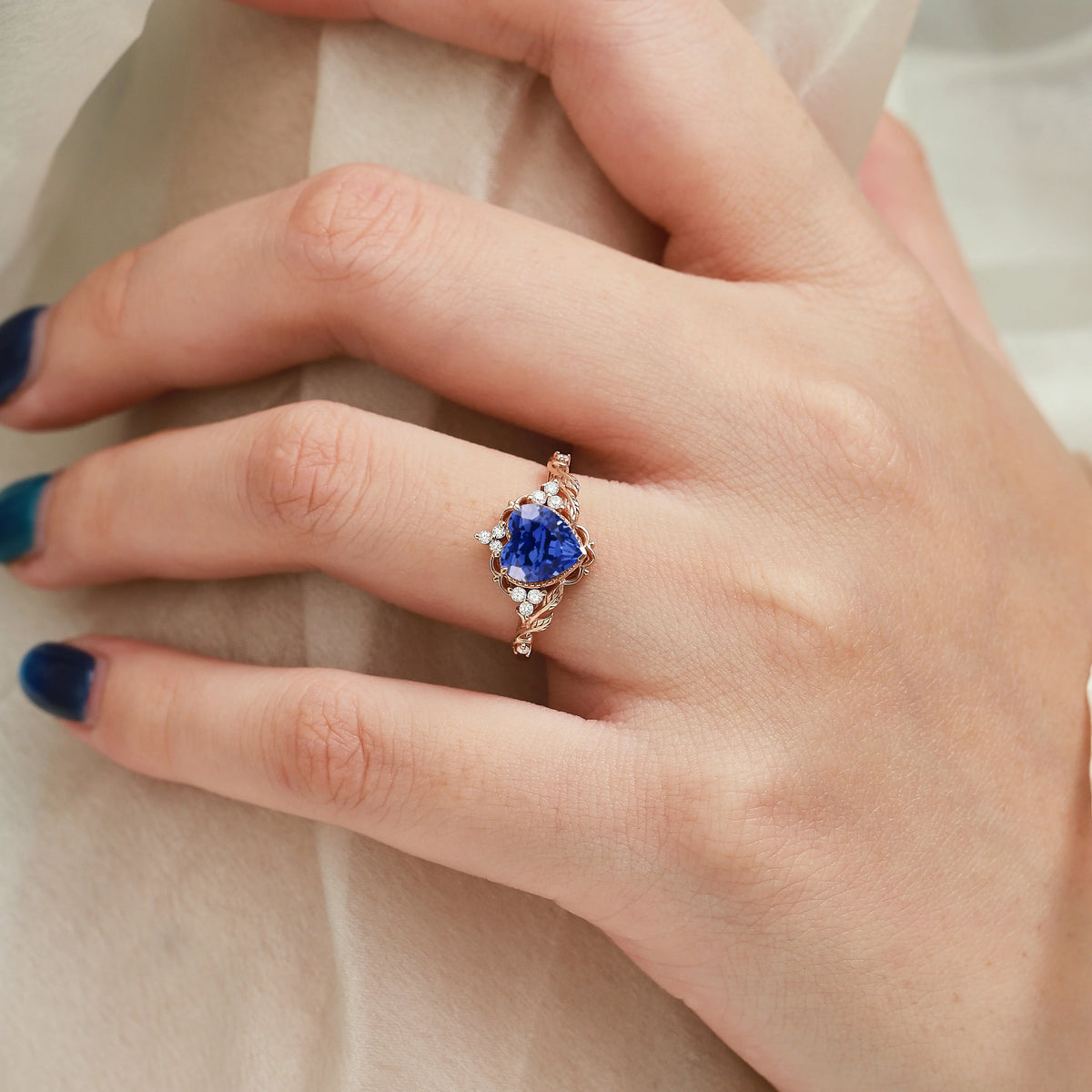 Nature Inspired Leaf Shaped Heart Cut Sapphire Engagement Ring - Eleanor