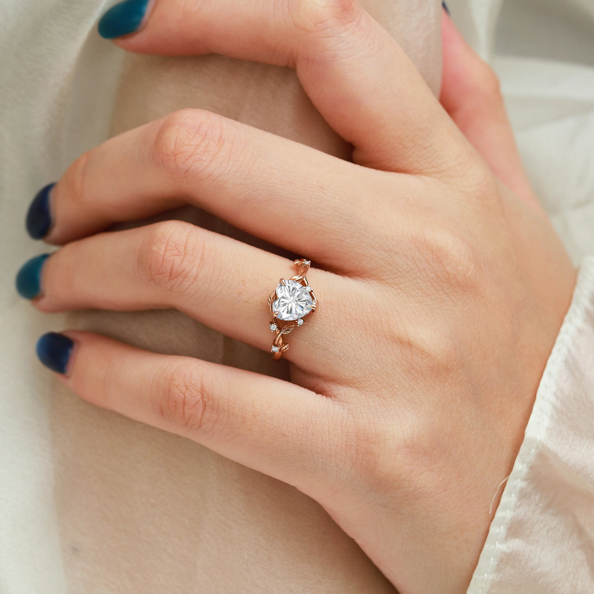 Nature Inspired Heart Cut Moissanite Leaf Engagement Ring