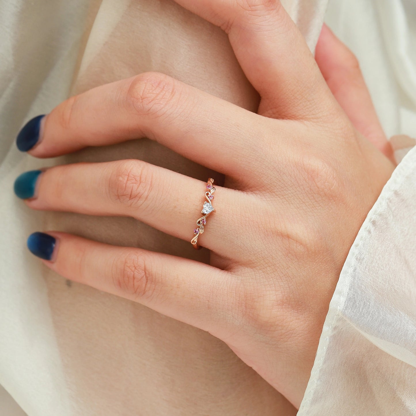 Nature Inspired Heart & Leaf Natural Pink Sapphire Moissanite Curved Wedding Band - Amelia