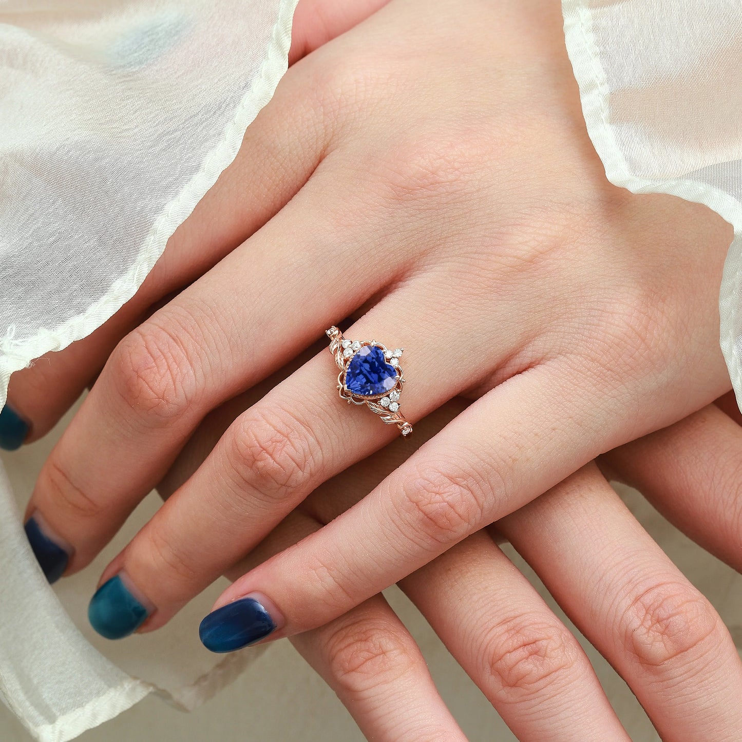 Nature Inspired Leaf Shaped Heart Cut Sapphire Engagement Ring - Eleanor