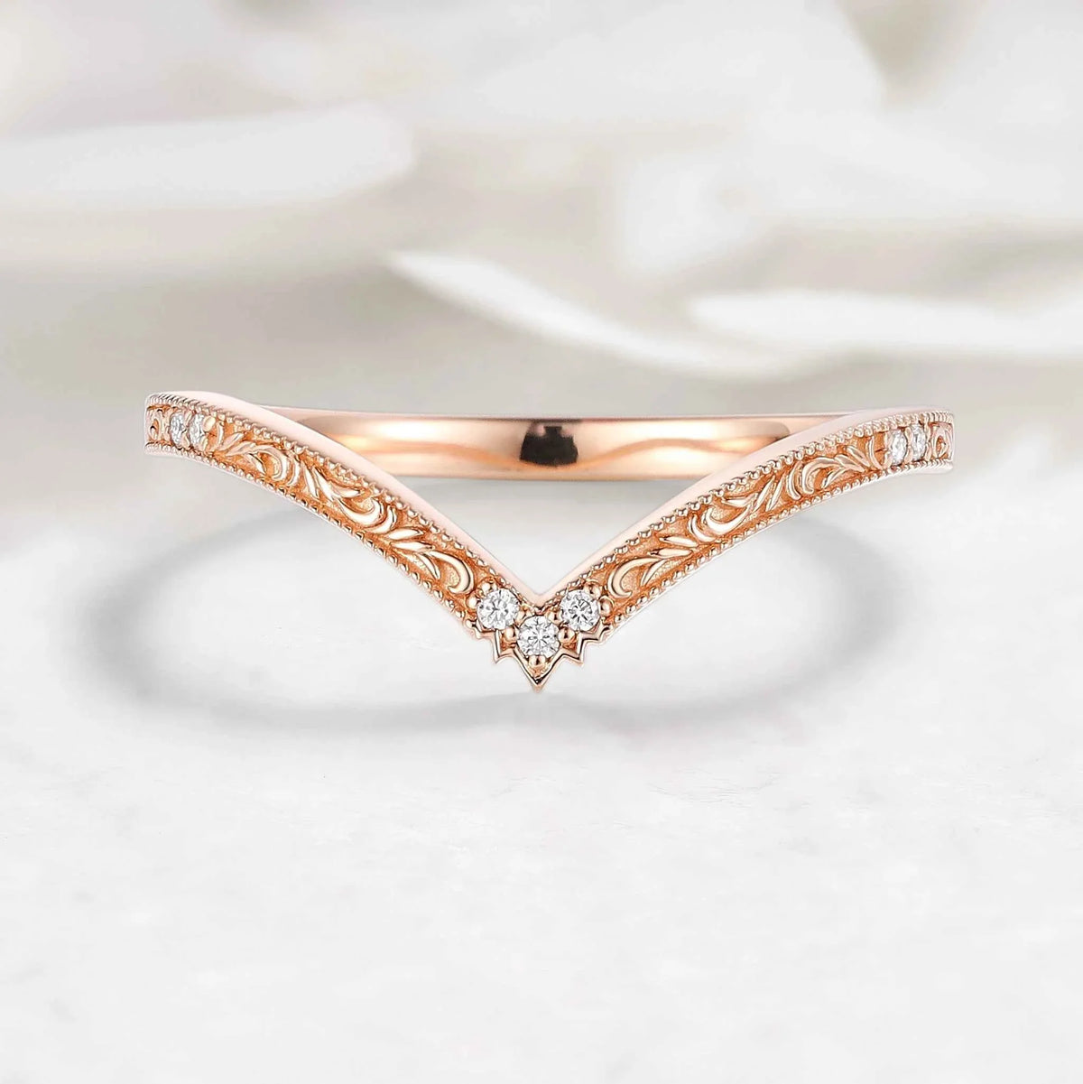 Romantic Nature Inspired Moissanite V Wedding Band