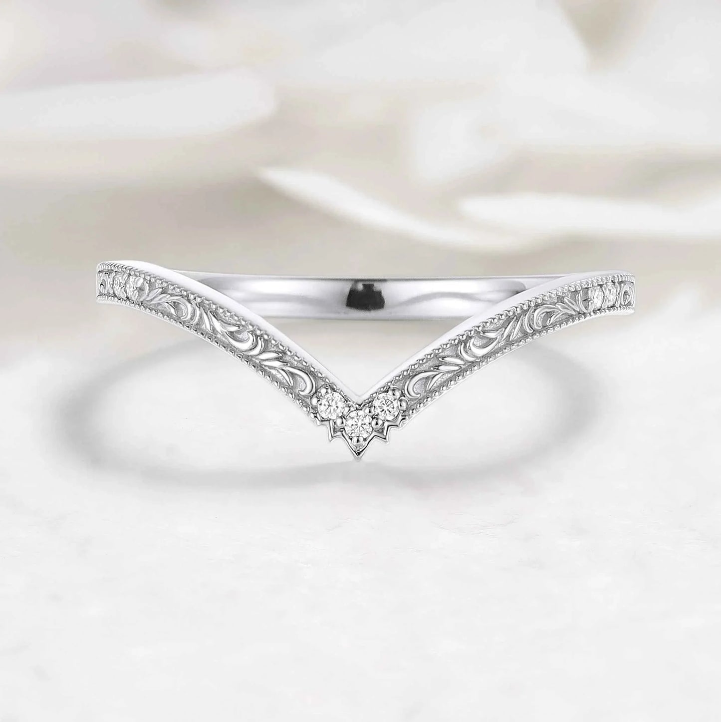 Romantic Nature Inspired Moissanite V Wedding Band