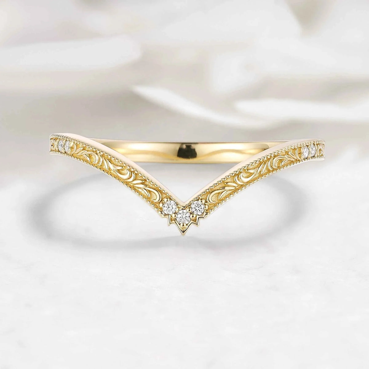 Romantic Nature Inspired Moissanite V Wedding Band