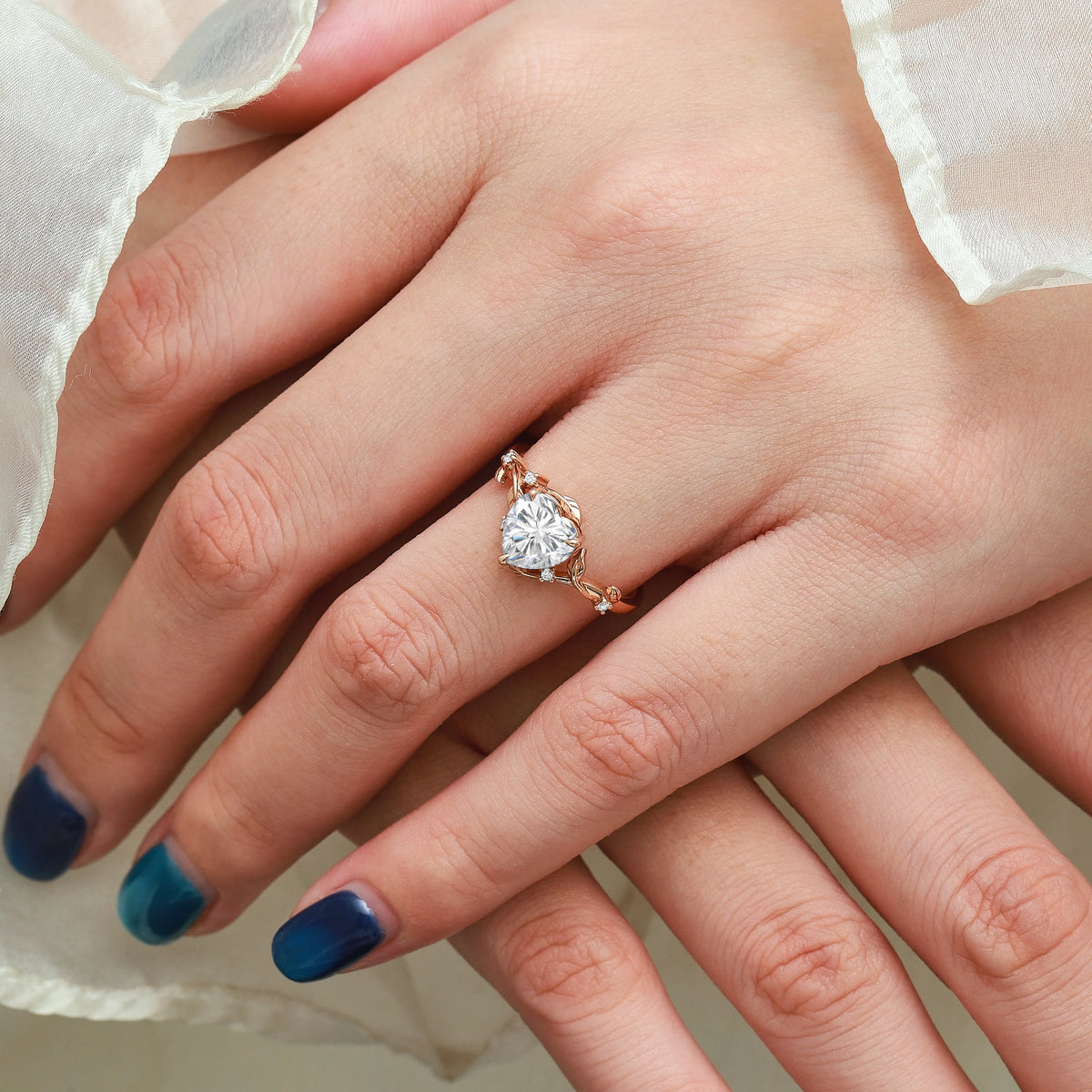 Nature Inspired Heart Cut Moissanite Leaf Engagement Ring