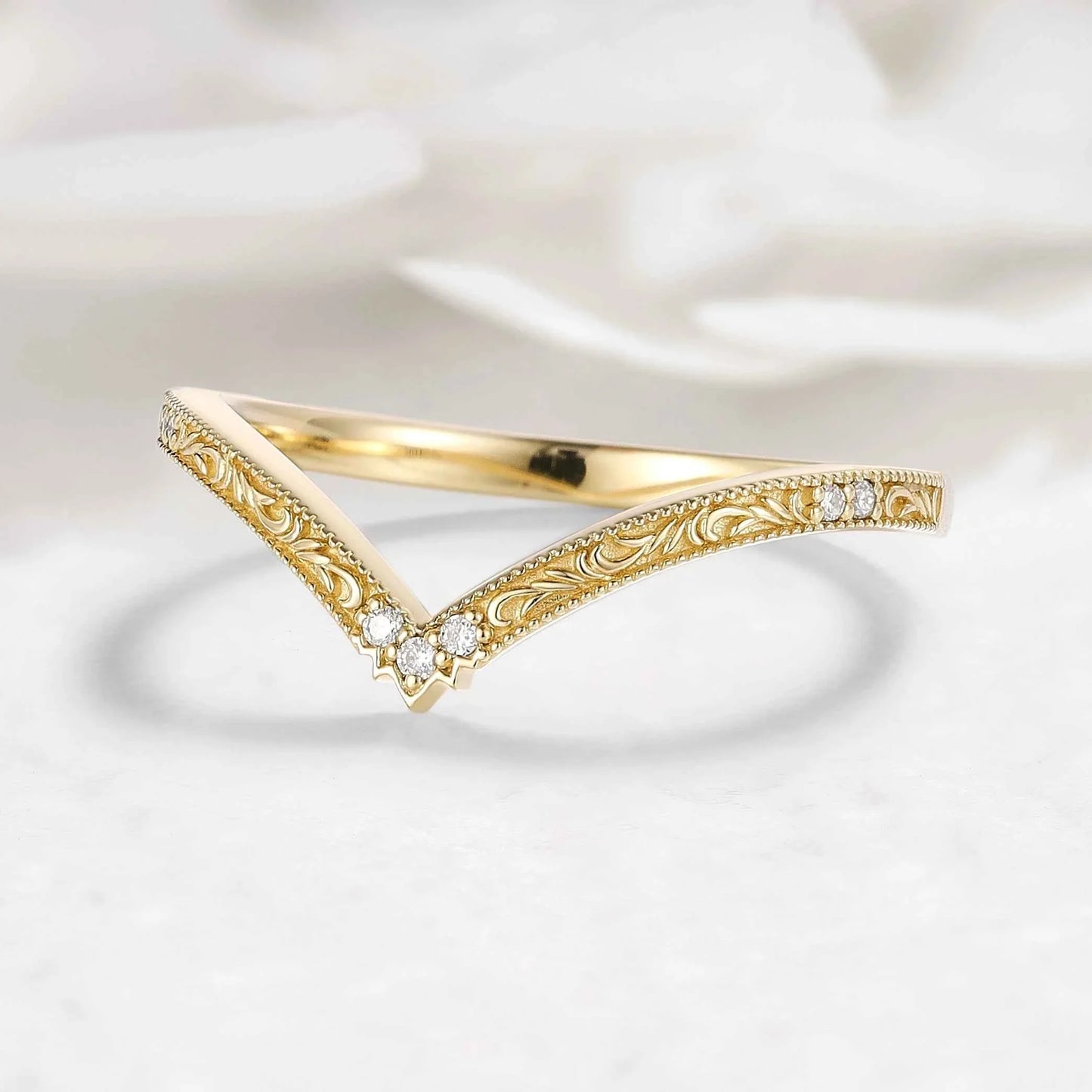 Romantic Nature Inspired Moissanite V Wedding Band