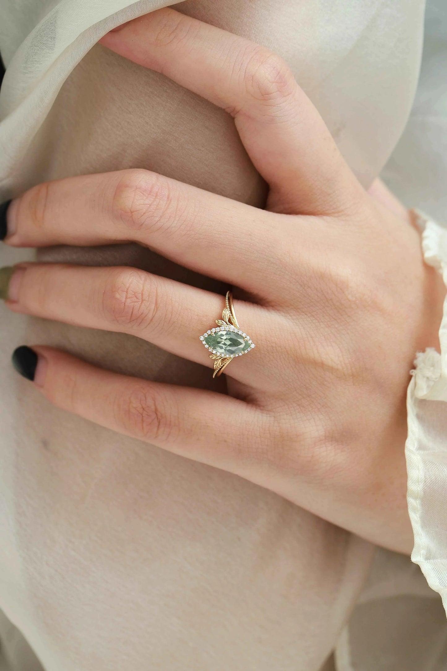 Nature-Inspired Marquise Green Sapphire Engagement Ring with Milgrain Halo
