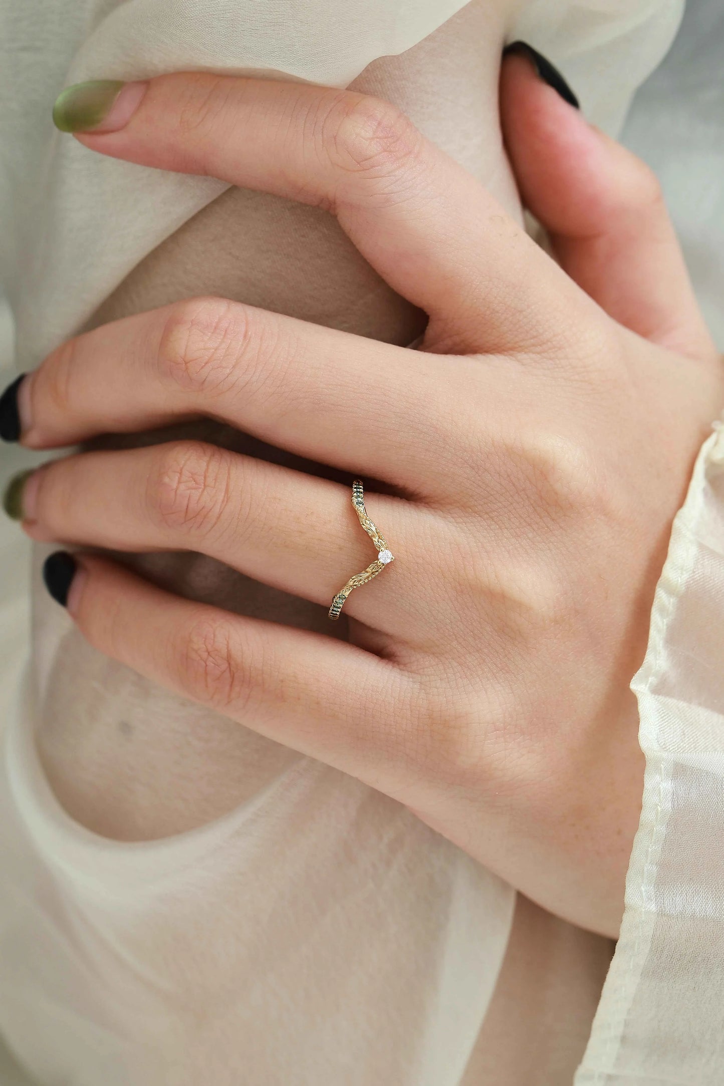 Vintage Nature Inspired Lab Diamond Curved Wedding Band - Vivienne For Jake